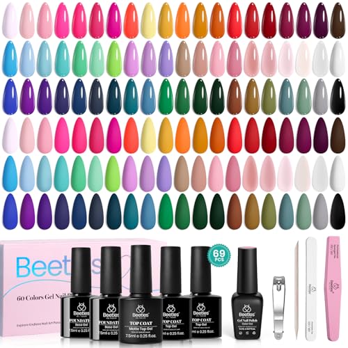 Beetles Gel Nail Polish Set - 69PCS 60 Colors Gel Polish Kit Base Coat Glossy & Matte Top Coat Soak off Emotional Spectrum Collection Red Black Nude White Neon All Seasons Gifts for Women
