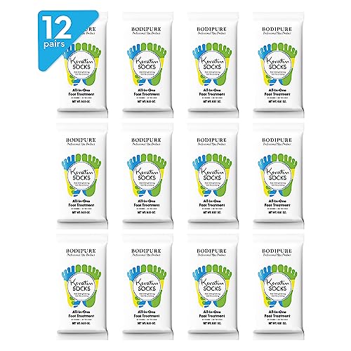 Bodipure All-In-1 Moisturizing Foot Mask, Keratin & Vitamin E Foot Mask for Dry Cracked Feet, Callus & Heel Softening, Easy-to-Use Pedicure Foot Repair, Chemical-free Feet Treatment 12 Pairs