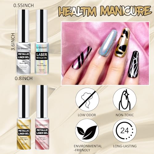 4x12ml Metallic Mirror Painting Liner Gel Polish Set, Mirror Chrome Holographic Laser Effect Painted Nail Polish, Metal Drawing Striper Gel Build in Thin Brush Nail Art Manicure Set