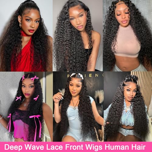 30 Inch Deep Wave Lace Front Wigs Human Hair 200 Density 13x6 HD Lace Frontal Wigs Human Hair Pre Plucked Deep Curly Glueless Wigs Human Hair with Baby Hair Curly Wigs for Women Natural Color