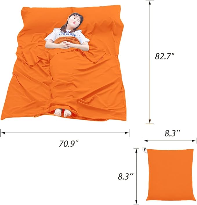 Bag Liner Lightweight Compact Bonng Bag Sack Portable Clean Travel Sheet with Zippered Opening for The Feet Camping Sleep Sheet for Backpacking Hotel& Hiking (Orange, 82.7'' X 70.9”)