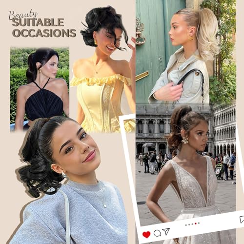 14 Inch Blonde Ponytail Extension - Wavy Pony Tails Hair Extensions, Claw Clip Ponytail Extension, Synthetic Hair Extensions Ponytail, Clip on Ponytails for Women (Dark Blonde With Beige Highlights)