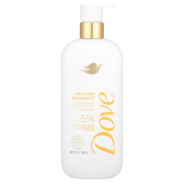 Dove Body Wash Melanin Radiance Nourishes for restored radiance 5% pro-ceramide serum with nourishing oil blend 18.5 oz
