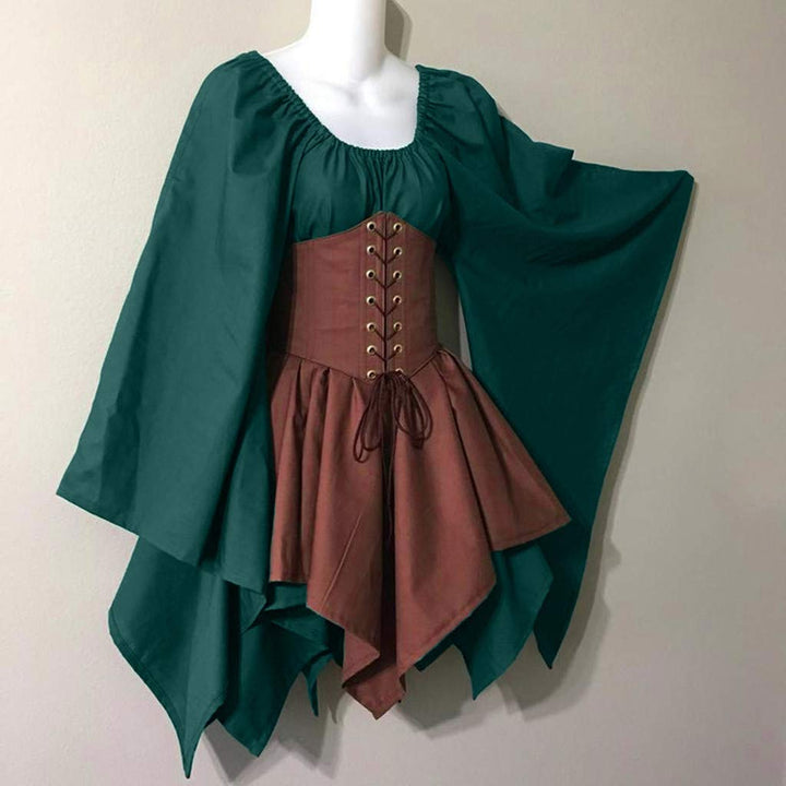 KEGIRLOM Lightning Deals Today Women's Medieval Renaissance Dress Costume Flare Sleeve Corset Skirt Overskirt Elven Archer Irish Over Gown 2pcs Set,Lolita Dress for Women