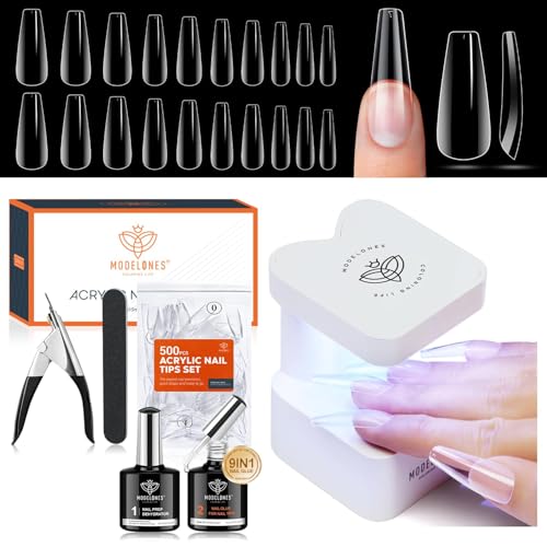 modelones Gel Nail Kit, Fake Nails Long Coffin, 9-in-One Glue Prep Dehydrator & Portable Mini U V Light Acrylic Clipper, 500Pcs Coffin Tips for Extension Kit DIY Salon Home Gifts for Women