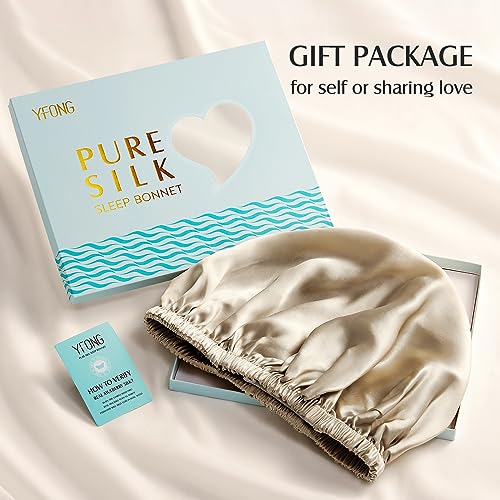 YFONG Double Layered 100% Silk Bonnet for Sleeping Women, 22 Momme Pure Mulberry Silk Sleep Cap with Adjustable Elastic Band Stay On Head，Reduce Frizz, Keep Hairstyle, Soft & Breathable, Champagne, M