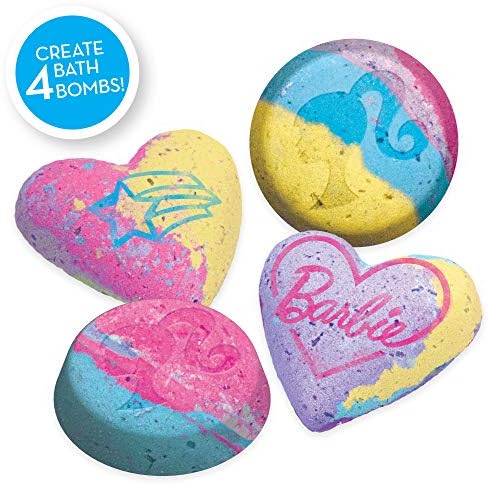 Barbie Make Your Own Bath Bomb Kit by Horizon Group USA, DIY Four Custom Colorful & Sweet-Smelling Bath Bombs, Includes Stencil, Glitter, Molds, Fragrances & More, Pink, Yellow, Teal & Purple