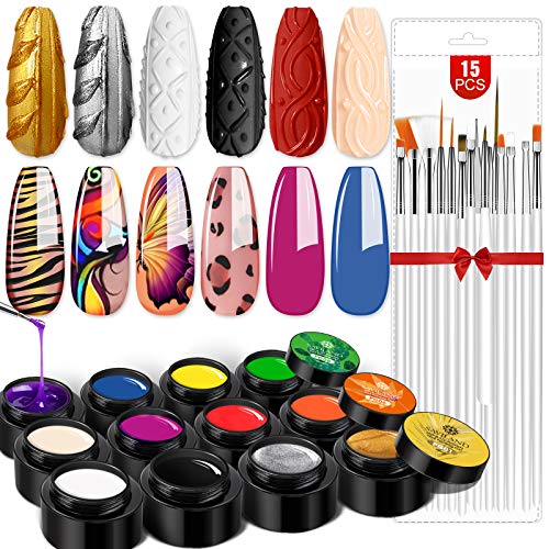 SAVILAND Gel Paint Kit: Gel Nail Polish Kit 12 Colors Soak Off Gels Polish Set with 15 pcs Painting Drawing Nail Brush Pen for Nail Art Design & Nail Salon