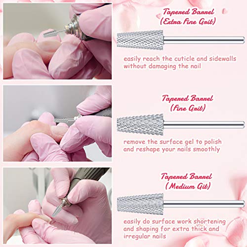 3 Pieces Tapered Barrel Carbide Nail Drill Bit, 3 Sizes Carbide Nail Drill Bit Acrylic File Cuticle, Art Tools for Gel Manicure Pedicure(XF, F, M,Silver)