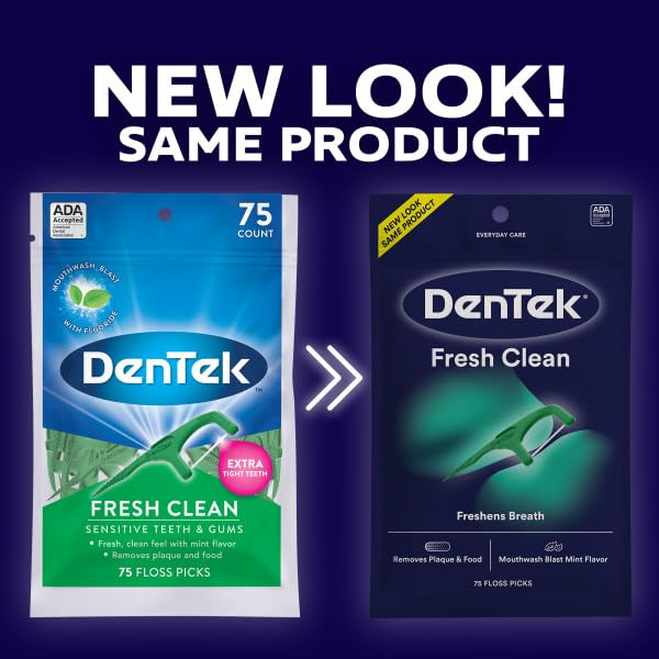DenTek Fresh Clean Floss Picks, For Extra Tight Teeth, 75 Count, 6 Pack