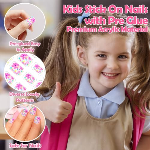 240 Pieces Fake Nails for Kids Girls Artificial Kids Press on Nails Full Cover Short Acrylic Stick On Nails False Nail Tips Kit for Children Little Girls Nail Art Decoration