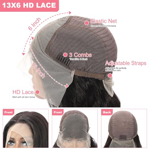 13X6 Body Wave Lace Front Wigs Human Hair 12A 250% Density 30 Inch Lace Frontal Wigs Human Hair Glueless HD Lace Front Wigs Human Hair pre Plucked with Baby Hair Natural Color