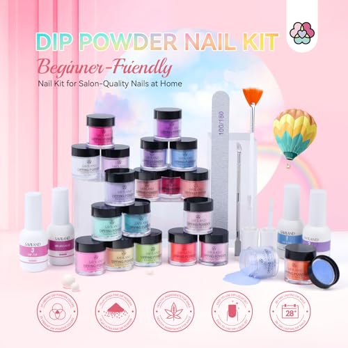 SAVILAND Dip Powder Nail Kit - 20 Summer Neon Colors with Base/Top/Activator/Brush Saver, Dipping Powder System for Starter with Keratin & Vitamin E Formula for Long-Lasting Home Manicure