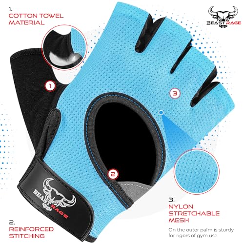 BEAST RAGE Workout Gloves for Men and Women, Fingerless Weight Lifting Gloves with Palm Protection Padding, Breathable and Lightweight Gym Gloves for Weightlifting, Cycling Pull Up (Aqua, XS)