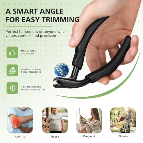 BALUCA Curved Head Toenail Clippers for Seniors for Thick Toenails, Long Handle Toe Nail Clippers with Catcher, German Stainless Steel Angled Nail Clippers with Silicone-Grip - Black