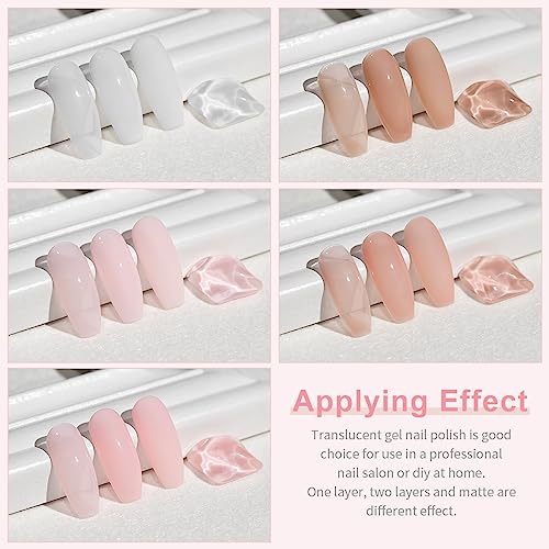 RARJSM Nude Rubber Base Gel Nail Polish Set Clear Sheer Milky White Opaque Pink Builder Base Gel in a Bottle Hard Extension Gel Skin Tone 6 Netural Colors Cured for Nails at Home Salon DIY Beginner
