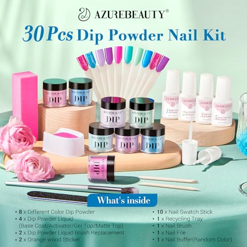 AZUREBEAUTY Dip Nail Powder Starter Kit with Matte Coat, 8 Colors Hot Pink Blue Purple Glitter Spring Dipping Powder Liquid Set with Base/Top Coat Activator 10 Nail Sticks for French Manicure