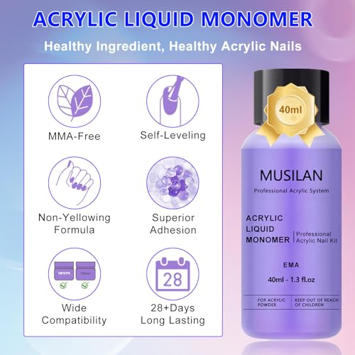 Monomer Acrylic Nail Liquid 5PCS 40ml/1.3fl.oz,Professional Acrylic Liquid Monomer for Acrylic Nails Powder Nails Extension for Nail Art Manicure DIY,Non-Yellowing Monomer-acrylic nail liquid