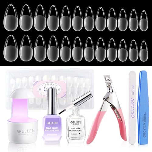 Gellen Gel Nail Kit Easy Nail Extension Set, 504Pcs Pre-Shaped Medium Almond x Gel Nail Tips, Gel Nail Glue, Nail Dehydrator, Mini LED Nail Lamp, Nail Clipper & Files, Home DIY Nail Art Manicure Gift