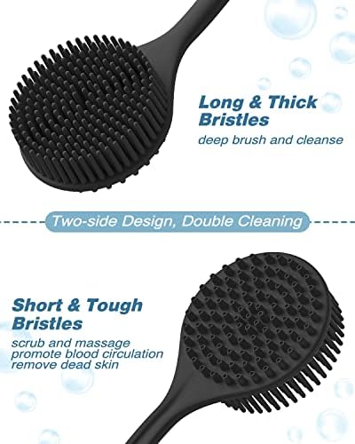 Manmihealth Silicone Back Scrubber & Soft Bath Glove, Silicone Scalp Massager Set 5 PCS, Super-Exfoliating Body Scrubber Shower Brush & Shampoo Brush Combination, with 2 Free Hooks (Style 1 Black)