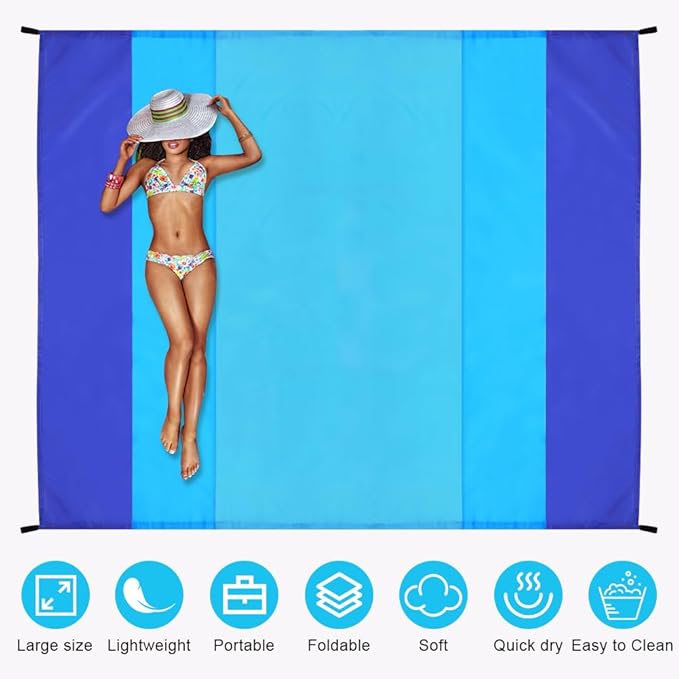Beach Blanket Beach Mat, Sandproof Waterproof Beach Mat, Extra Large 108 * 118 in (8-10People) Picnic Blanket with 1 Storage Bag, 1 Carabiner & 4 Fixed Nails for Beach, Camping, Hiking, Picnic