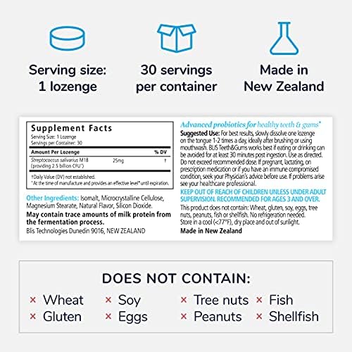 BLIS Teeth & Gums Oral Probiotics for Mouth M18 Formula Available, 2.5 Billion Cfu - Mouth Probiotic for Tooth and Gum Health, Adults and Kids - Sugar-Free Lozenges, 30 Day Supply