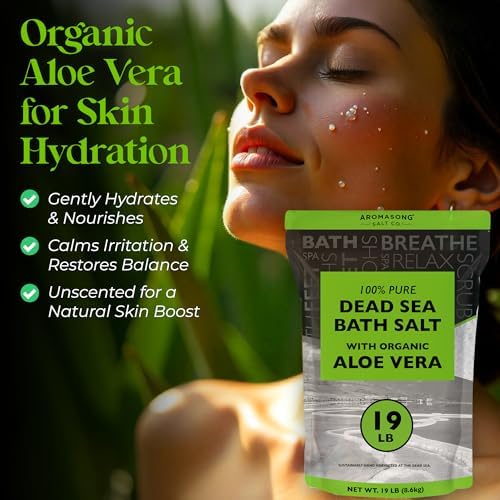Aromasong Dead Sea Salt with Organic Aloe Vera, Spa Bath Salts, 19 Lbs Fine Bulk resealable Pack, 100% Pure & Natural, Soak for Women & Men for Tired Muscles & Skin Issues (Packaging May Vary)