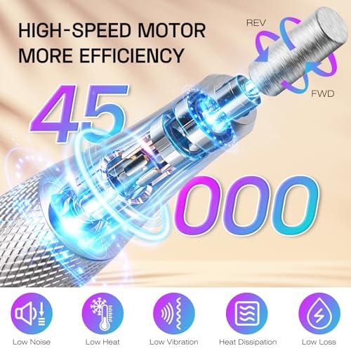Electric Nail Drill File Machine: Professional 45000RPM Cordless Nail Tool with Stepless Speed Knob for Acrylic Gel Dip Powder Nails, Portable Manicure Pedicure Kit for Home Salon Use