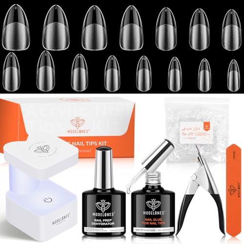 modelones Gel Nail Kit Almond, Upgrade 15Sizes Fake Nails, 9-in-One Glue Dehydrator & Mini U V Light Clipper, 510Pcs Medium Almond Press on Tips for Extension DIY Salon Home Gift