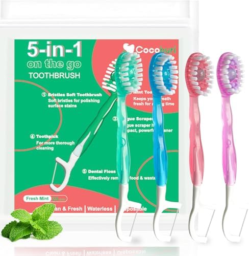 5 in 1 Disposable Mini Toothbrushes on The go Toothbrush Portable Travel Toothbrush（Toothpaste + Tongue Scraper + Floss + Picks Individually Wrapped Prepasted Oral Care Mint 24 Packs