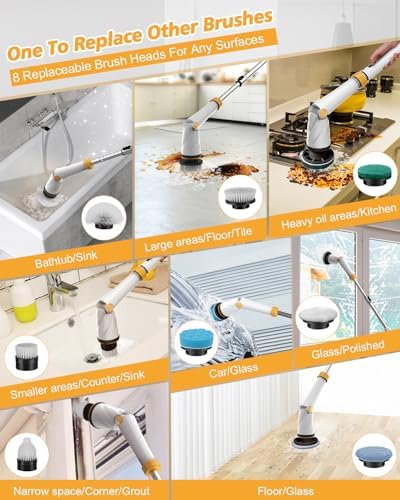 4000mAh Battery Electric Spin Scrubber, 1200 RPM Power Electric Scrubber for Cleaning,3 Speed Adjustable Handle Cordless Shower Cleaning Brush.