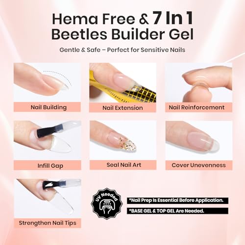 Beetles Builder Gel for Nails Hema-Free,2PCS 7 in 1 Clear & Nude Strengthener Gel for Building Nail Apex & Extension LED Lamp Cured Sensitive Nails Friendly for Beginners & DIY Salon Manicure