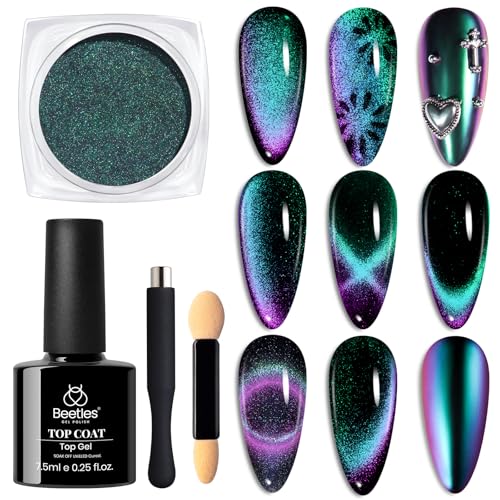 Beetles Cat Eye Chrome Nail Powder Set, 2 in 1 Holographic Metallic Mirror Effect Chameleon Galaxy Powder with No Wipe UV Gel Top Coat Magnet for Velvet Metallic Nail Art