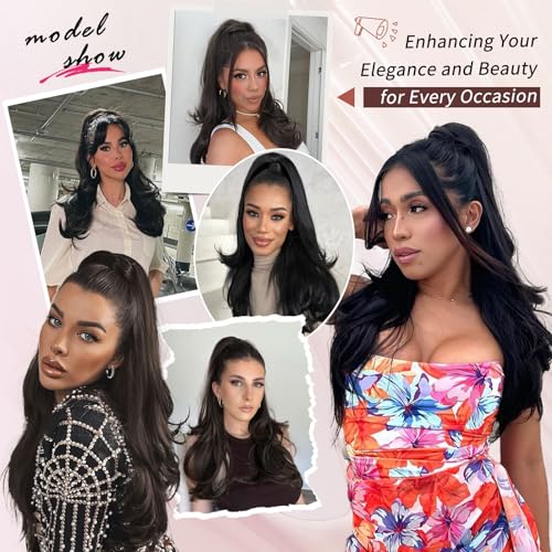 Ponytail Extension, Drawstring Ponytail Extension for Women 26 Inch Long Dark Brown Wavy Layered Pony Tails Hair Extensions Synthetic Clip in Ponytail Hairpiece for Women