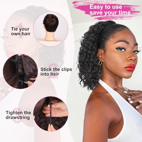 AISI BEAUTY Black Ponytail Extension 14 Inch Curly Drawstring Ponytail for Women Clip in Fake Ponytail Synthetic Curly Pony Tails Hair Extensions(Black)