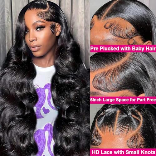 30 Inch 13x6 Lace Front Wigs Human Hair 200 Density Body Wave HD Lace Front Wigs Human Hair Pre Plucked with Baby Hair Natural Color Glueless Frontal Wig for Women 100% Brazilian Virgin Human Hair