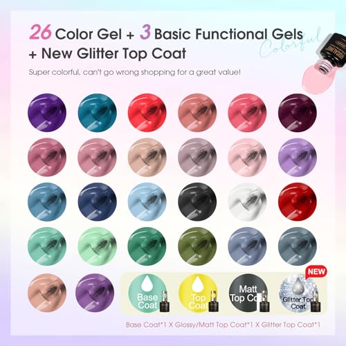 ROSALIND 30PCS Gel Nail Polish Set, 26 Classic Colors Gel Polish kit with Base Coat Glossy Matte and Glitter Top Coat Gel Nails Set All Seasons Collection Gift for Women
