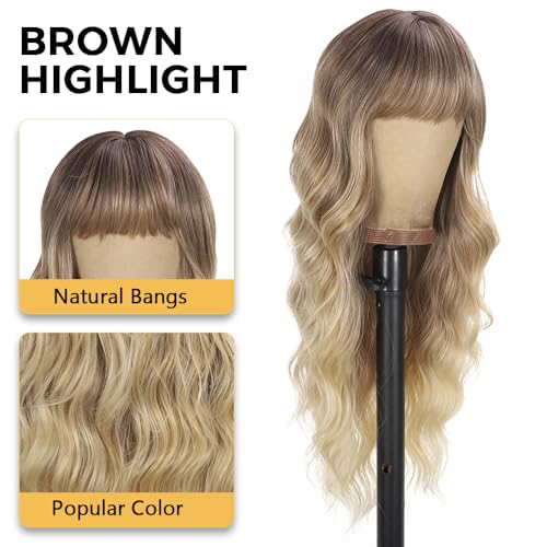 Blonde Wig with Bangs Long curly wavy Wig for Women Ombre wig with Brown root skin-friendly synthetic fiber for festival holiday Use 26IN