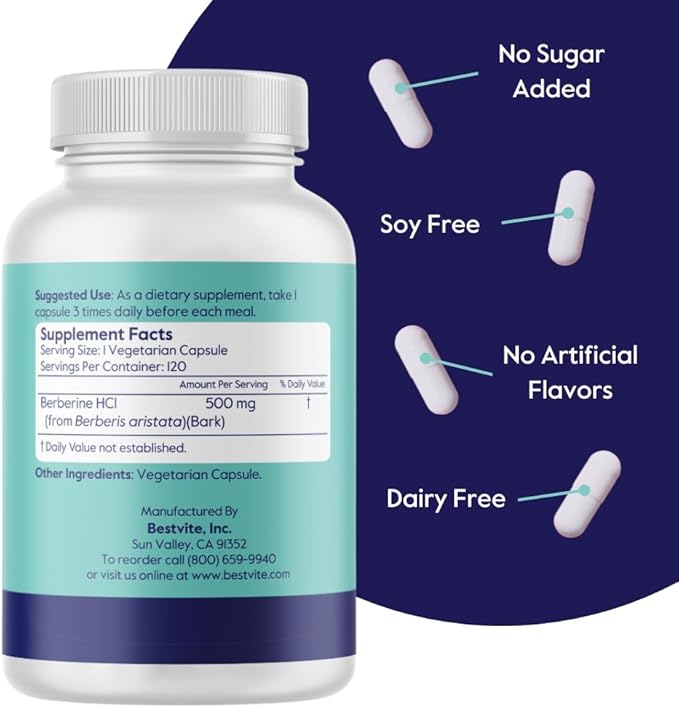 BESTVITE Berberine 500mg Per Capsule (120 Vegetarian Capsules) - No Fillers - No Stearates - No Flow Agents - Vegan - Gluten Free - Non GMO