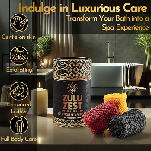 Authentic African Net Sponge – 3-Pack Exfoliating Mesh for Face & Body, Deep Clean, Quick Dry, Long-Lasting Bath Scrubber for All Skin Types, Travel-Friendly & Durable (Black, Yellow, Red)