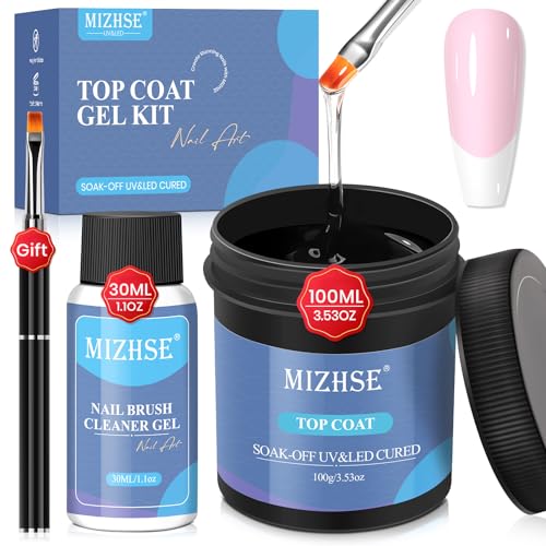 MIZHSE 100ML No Wipe Gel Top Coat - High Gloss Shine Finish Long Lasting Top Coat Nail Polish, Super Large Capacity Soak Off Nail Lamp Polish Finish with Brush & Brush Cleaner Gel, Gift Kit for Women