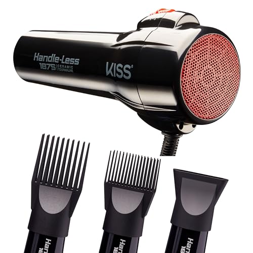 KISS Handle-Less 1875W Ceramic Tourmaline Hair Dryer, Effortless Styling Precision Blow Dryer, Cool Touch Nozzle, Triple-Layer Heat Insulation, Heat Resistant Cap, 3 Styling Attachments, Up to 450°F