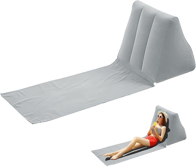 2PCS Grey Blue Inflatable Beach Mat Lounge Chair - Flocking Camping Leisure Lounger Back