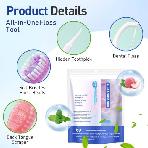 2025 New 5 in 1 Mini Toothbrush & Floss, 26 PCS Disposable Mini Toothbrushes with Toothpaste, All in one Oral Care on The go, Portable Travel Toothbrush and Toothpaste Set (1 Set/26 Pcs)