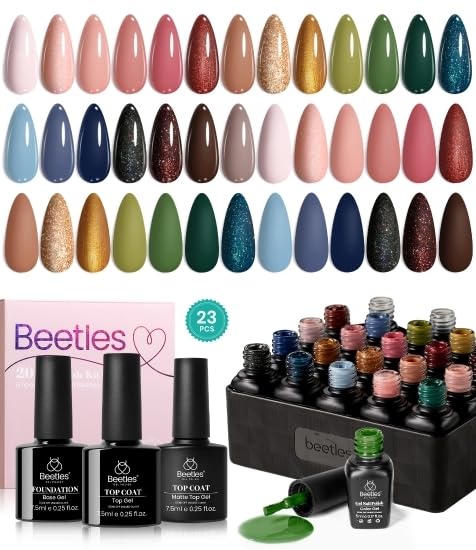 Beetles Gel Polish Set-23Pcs Fall Winter Gel Nail Polish Dark Colors Brown Red Green Glitter With Base Gel Top Coat Soak Off Uv