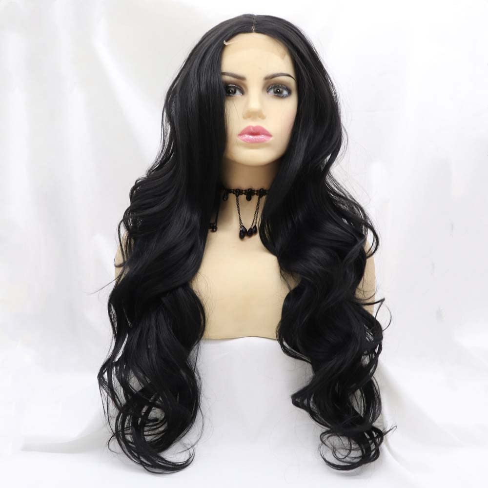 Melody 1 * 4Inch Natural Black Wig U Part Lace Wig Synthetic Black Wigs Heat Resisitant Fiber Long Wavy Hair Wigs Middle Part