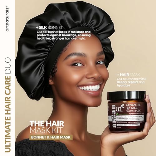 Hair Mask + Silk Bonnet for Sleeping Women Set - Deep Conditioner & Leave-In Conditioner for Dry, Damaged Hair - Argan Oil, Jojoba, Aloe & Keratin - Satin Bonnet for Sleeping, Repair & Hydrate (8 oz)