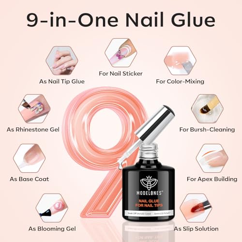 modelones Gel Nail Kit Short Almond Gel Nail Tips, 9-in-One Nail Glue with Portable U V Nail Lamp, 216Pcs 12Sizes Press On Acrylic False Nails Tip Nail Extension DIY Nails Art Gift for Women