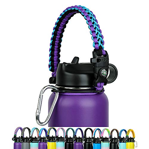 WEREWOLVES Paracord Handle - Fits Wide Mouth Bottles 12oz to 64oz - Durable Carrier, Paracord Carrier Strap Cord with Safety Ring,Compass and Carabiner - Ideal Water Bottle Handle Strap (Purple Blue)