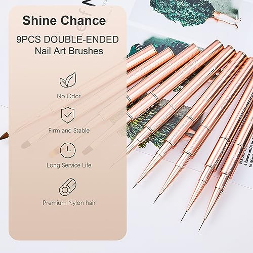 9Pcs Nail Art Brushes Set, Professional Double-Ended Acrylic Liner Detail Brushes for Gel Polish Art Nail, 3D Art Nail Dotting Brush Pen for Manicure DIY Home Salon, Rosegold